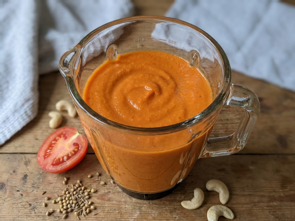 A blender jar filled with smooth orange tomato and cashew mixture on a kitchen counter