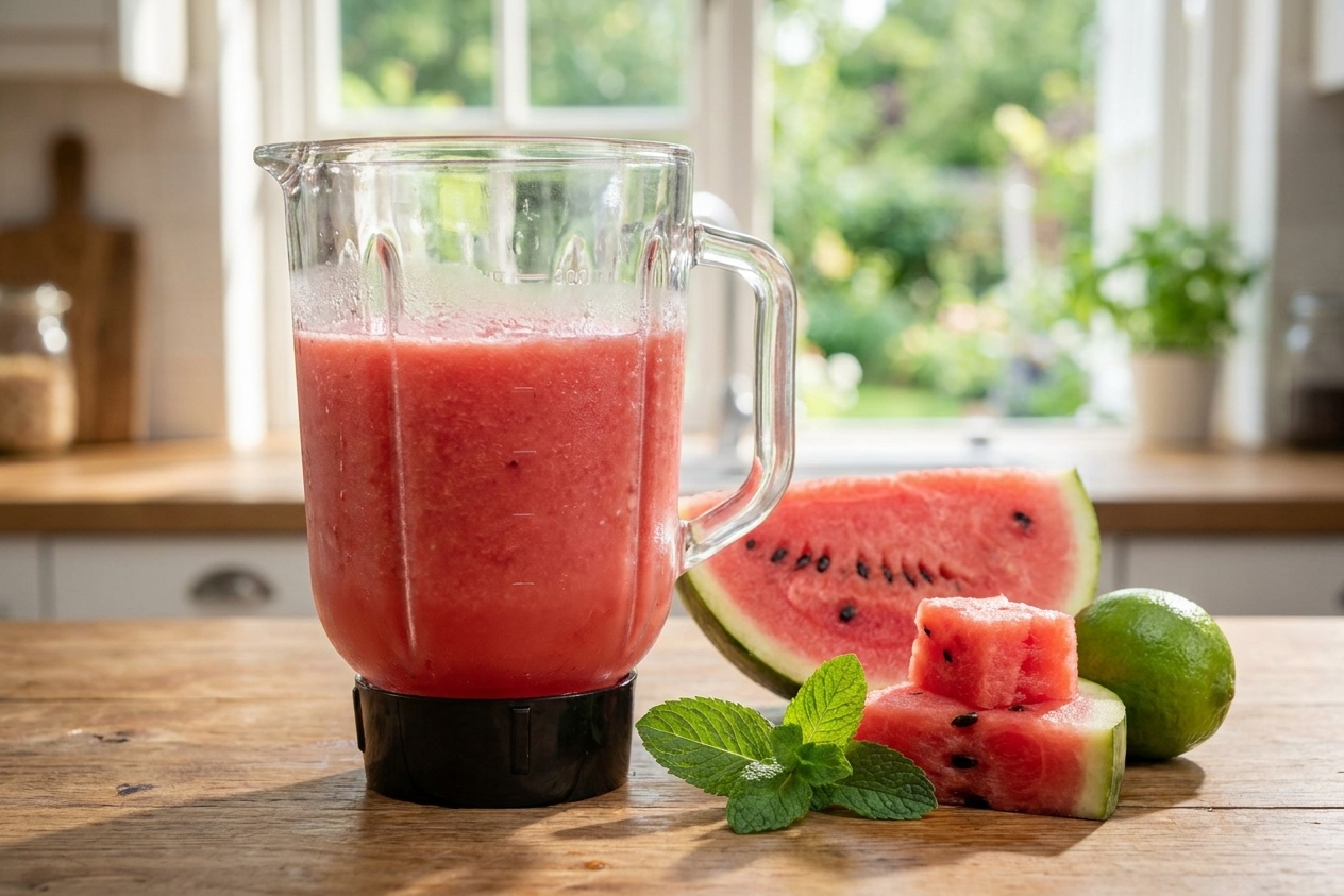A blender jar filled with smooth pink watermelon puree on a kitchen counter with cut watermelon nearby