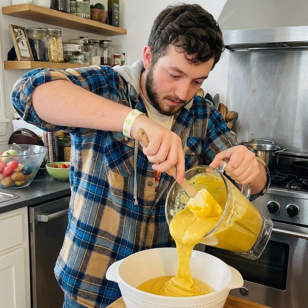 A blender jar filled with smooth plantain puree being scraped into a serving bowl