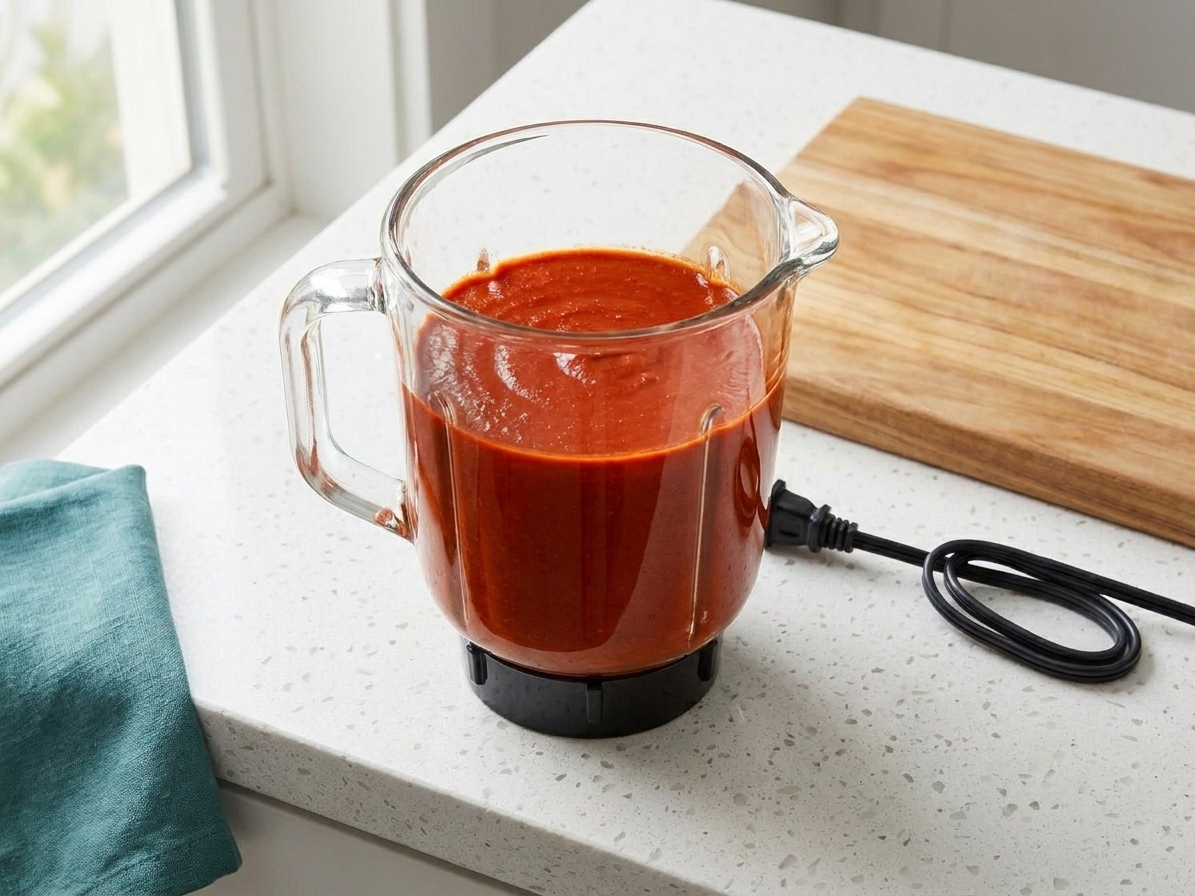 A blender jar filled with smooth red al pastor marinade on a kitchen counter next to a cutting board