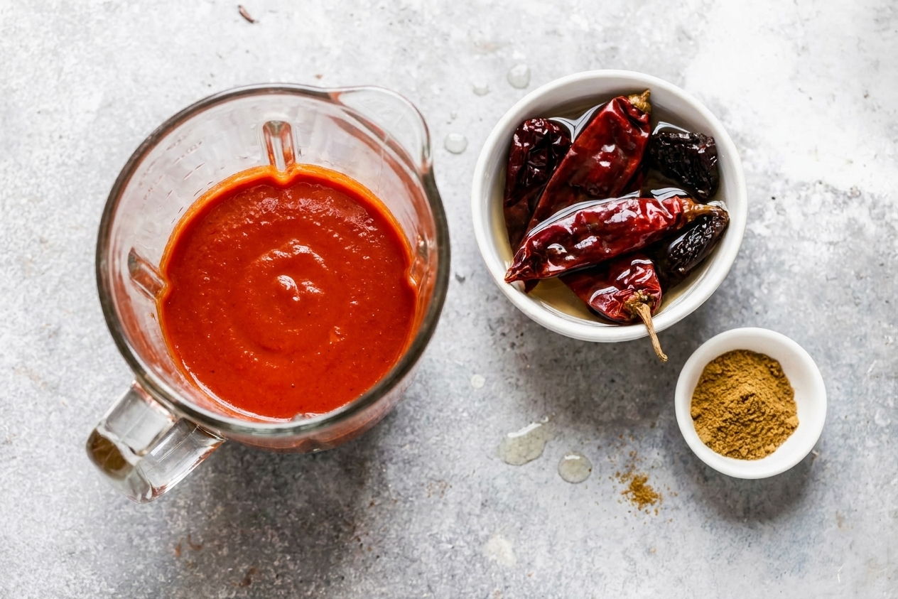 A blender jar filled with smooth red chile sauce made from soaked guajillo and ancho chiles on a kitchen counter next to the soaked chiles and a small bowl of cumin
