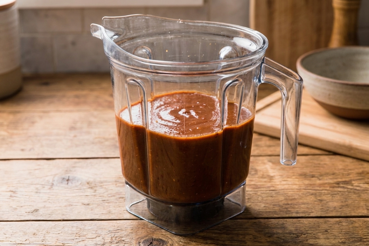 A blender jar filled with smooth reddish-brown barbacoa sauce on a kitchen counter