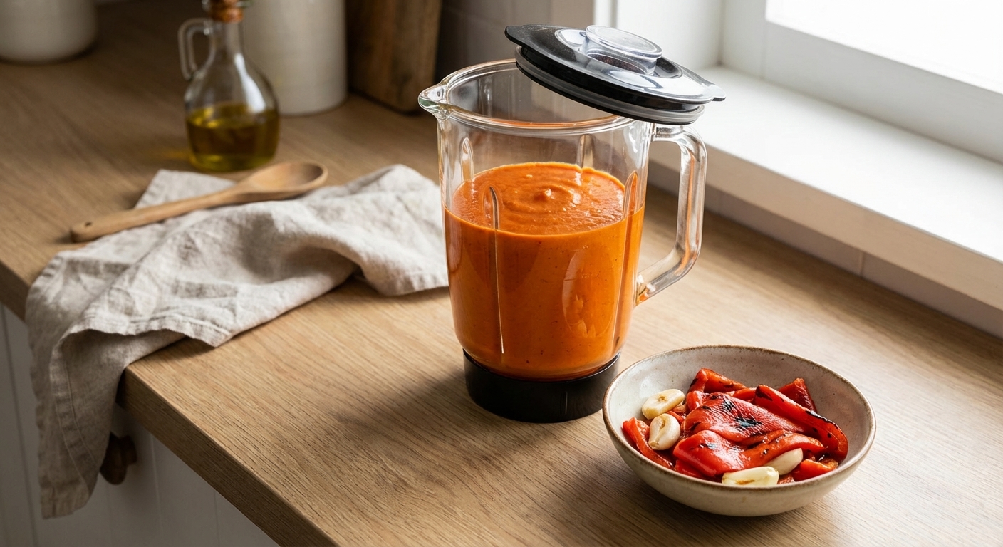 A blender jar filled with smooth roasted red pepper sauce, with a small bowl of roasted red peppers and peeled garlic cloves beside it on a kitchen counter, soft daylight, photorealistic food photography