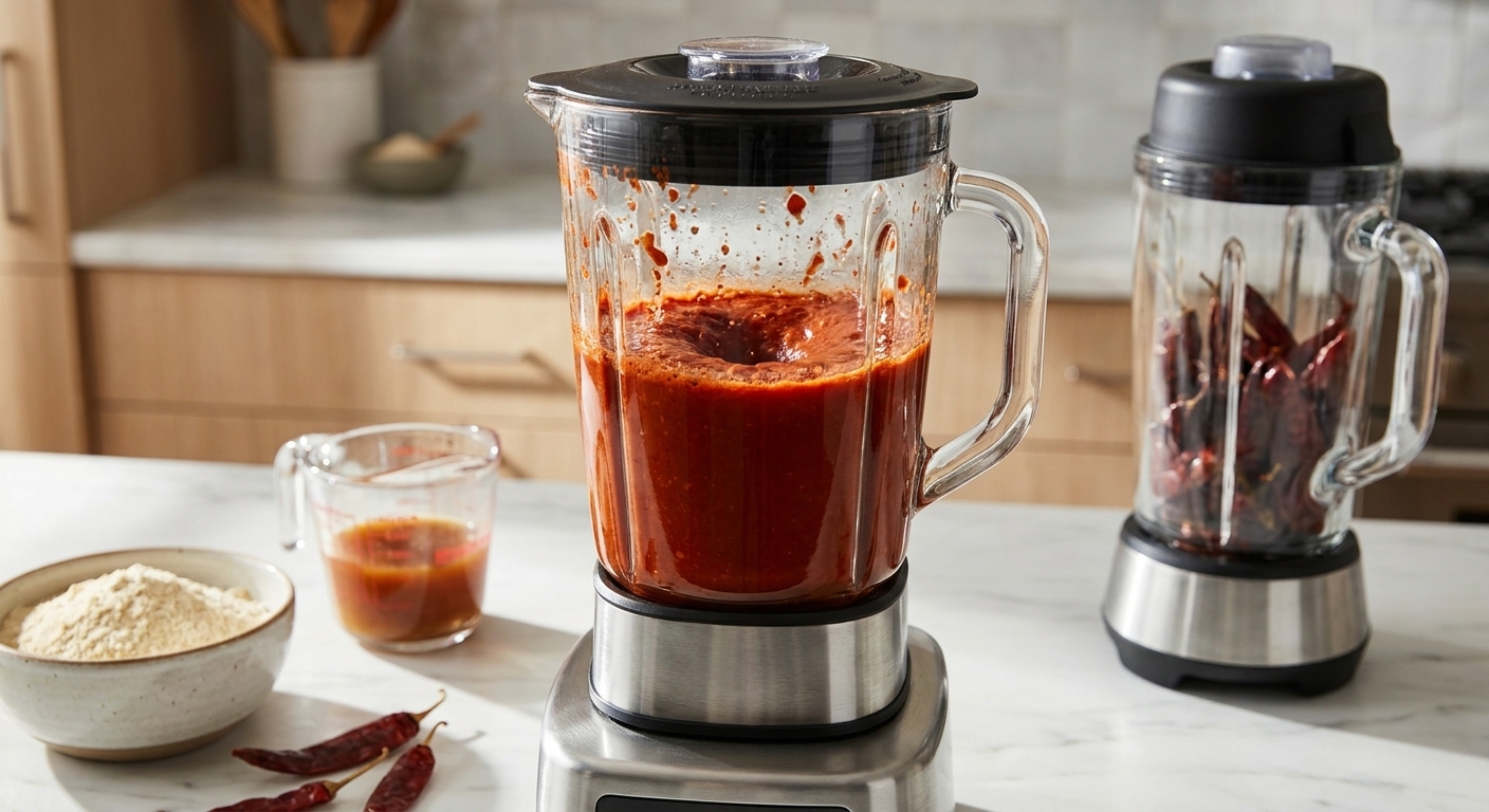 A blender jar filled with soaked dried chiles and broth being blended into a smooth red sauce on a kitchen counter