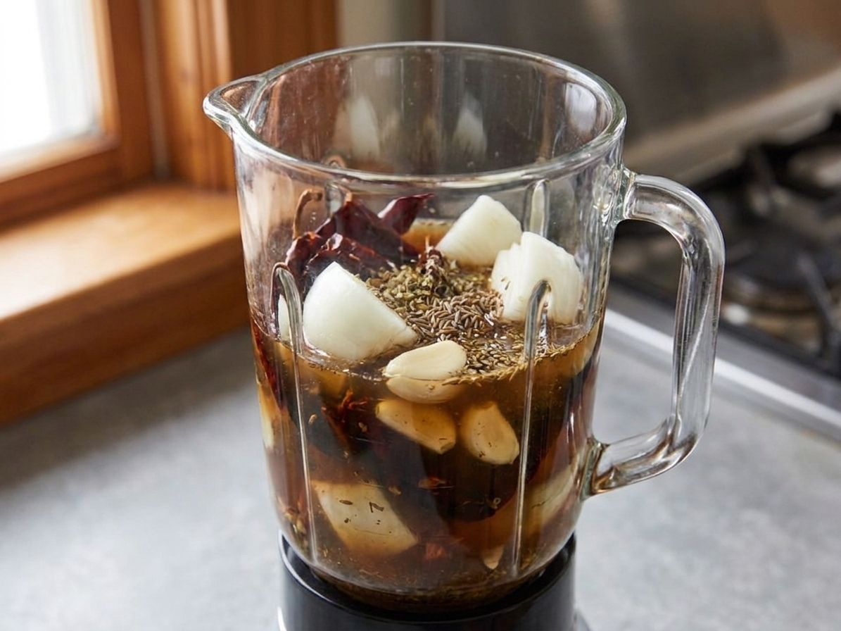 A blender jar filled with soaked dried chiles, onion, garlic, broth, and spices before blending on a kitchen counter