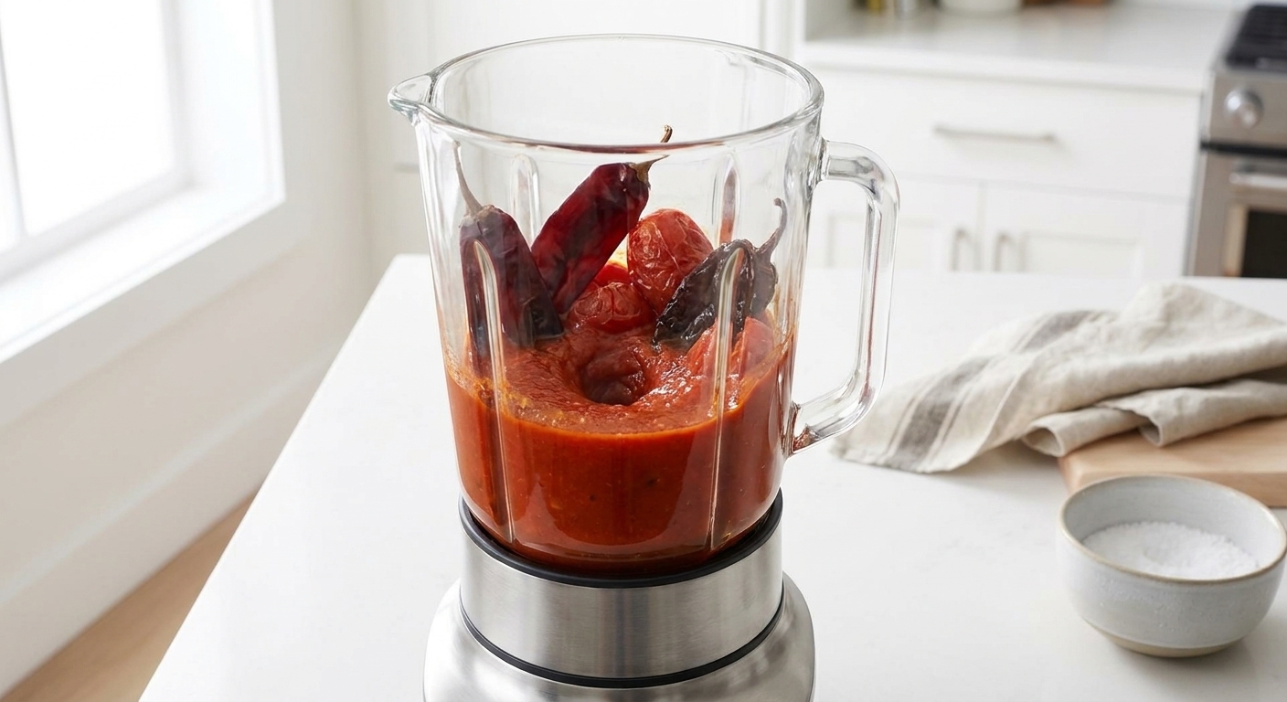 A blender jar filled with soaked guajillo chiles, tomatoes, and chipotle being blended into a smooth red sauce on a kitchen counter