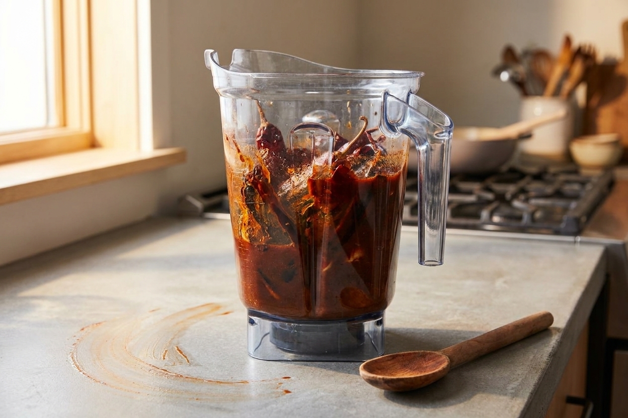 A blender jar filled with soaked red chiles and broth being blended on a kitchen counter with splatters wiped away, warm natural light