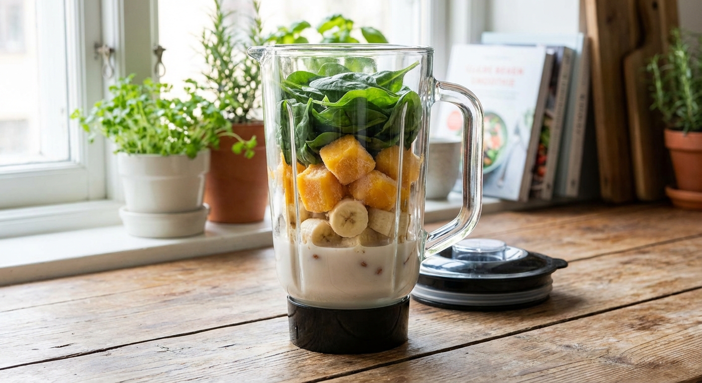 A blender jar filled with spinach, frozen mango, banana slices, and almond milk before blending on a kitchen counter