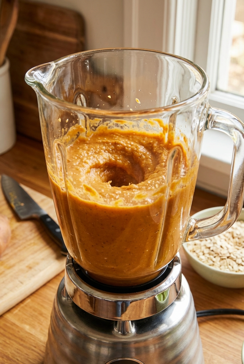 A blender jar filled with sweet potato and oat puree mid-blend on a kitchen counter
