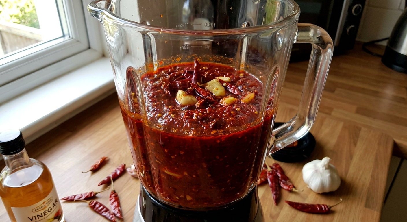 A blender jar filled with thick red vindaloo chili paste made from dried chiles, garlic, ginger, vinegar, and spices on a kitchen counter