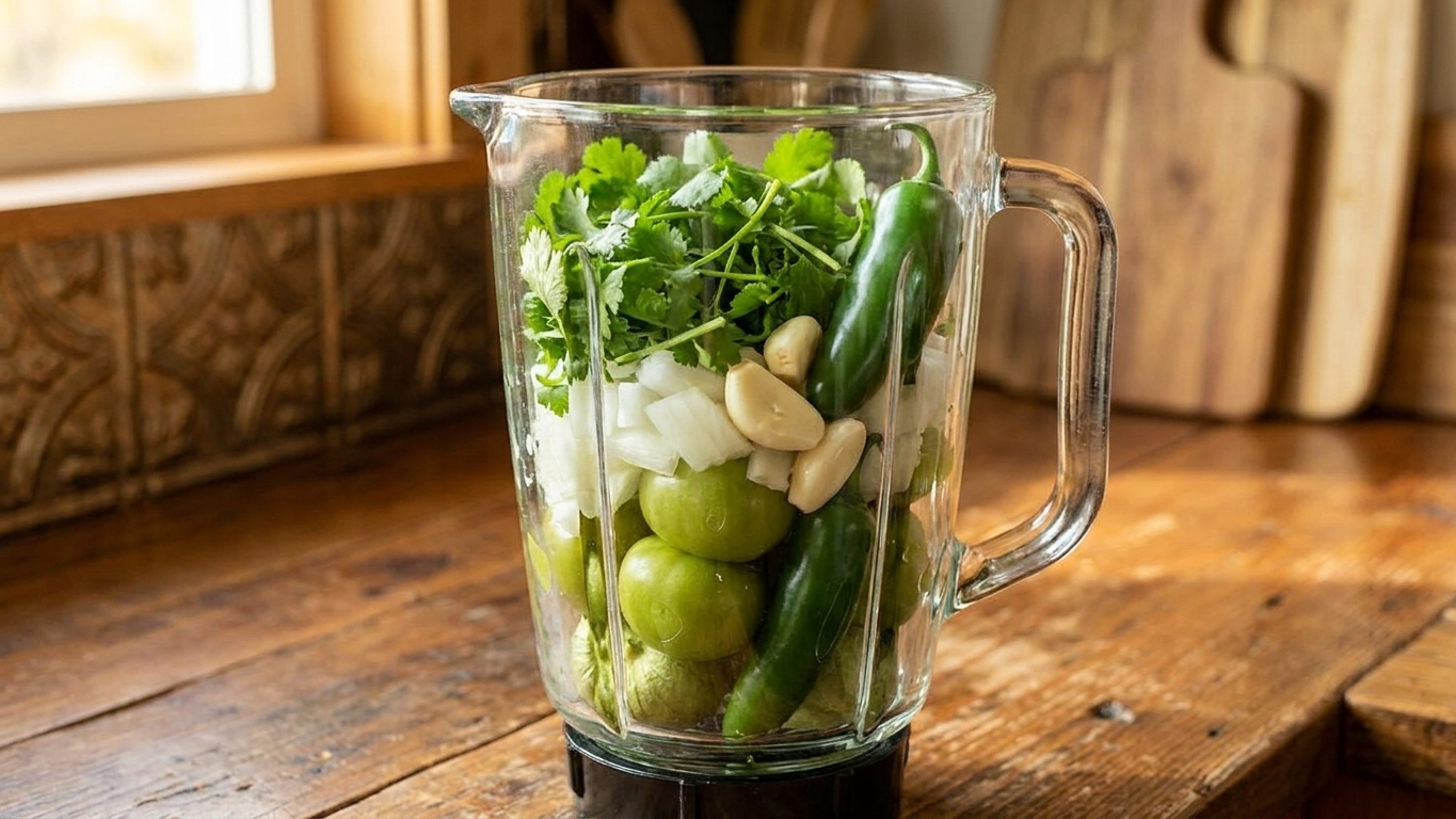 A blender jar filled with tomatillos, onion, cilantro, garlic, and green chile ready to be blended on a kitchen counter