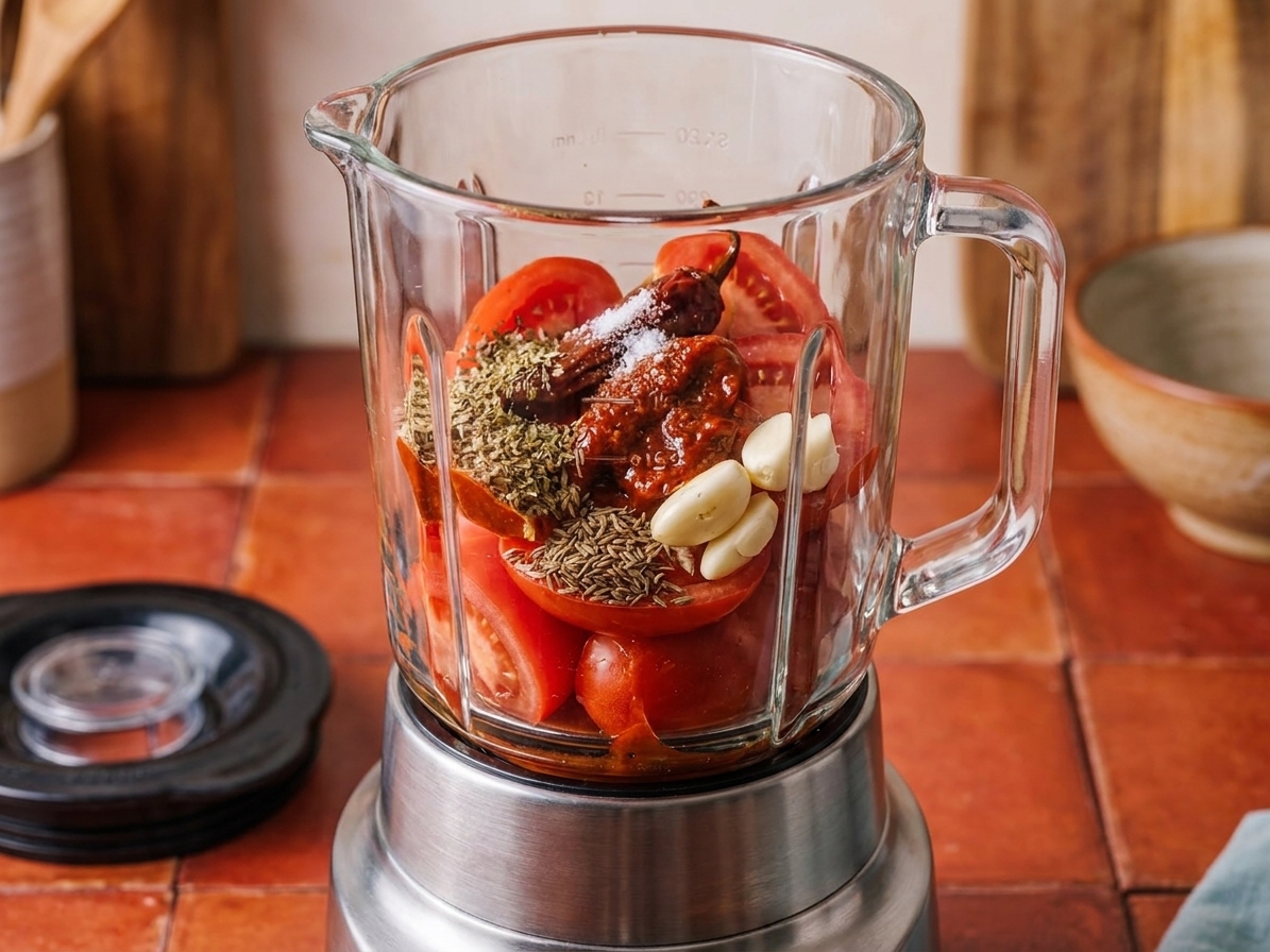 A blender jar filled with tomatoes, chipotle peppers in adobo, garlic, and spices, ready to be blended on a kitchen counter