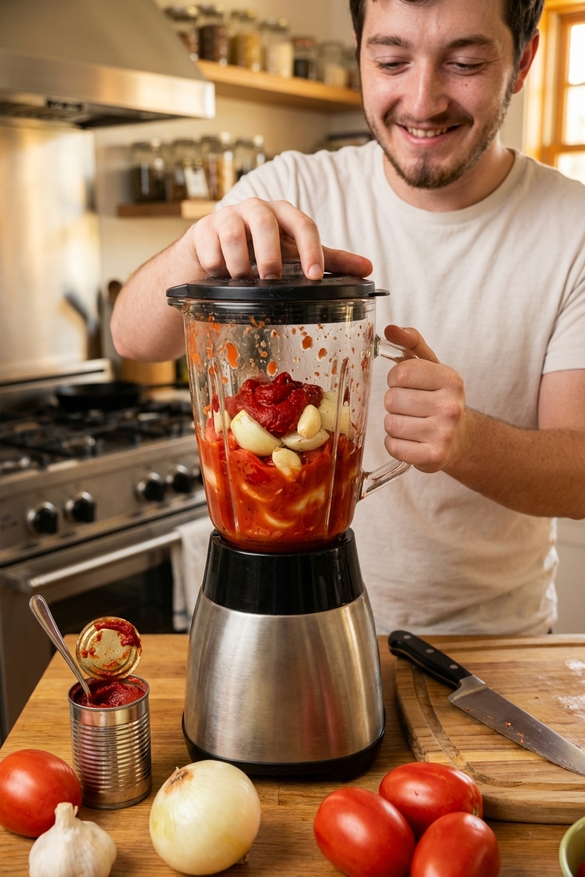 A blender jar filled with tomatoes, onion, garlic, and tomato paste being blended into a smooth red sauce on a kitchen counter