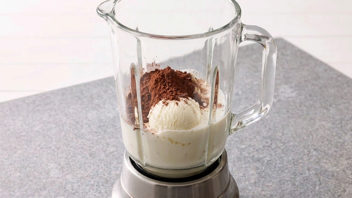 A blender jar filled with vanilla ice cream, cocoa powder, and milk before blending on a kitchen counter