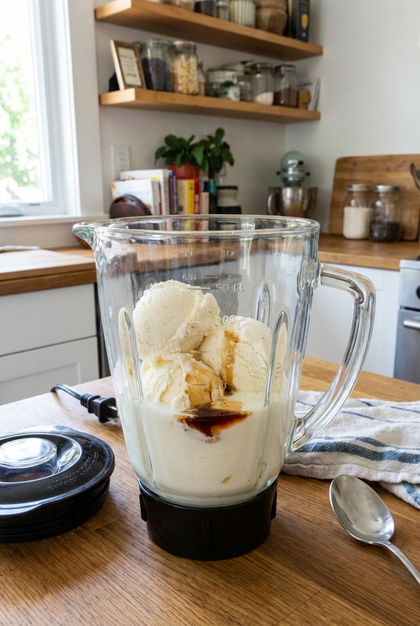 A blender jar filled with vanilla ice cream, milk, and vanilla extract just before blending on a home kitchen counter