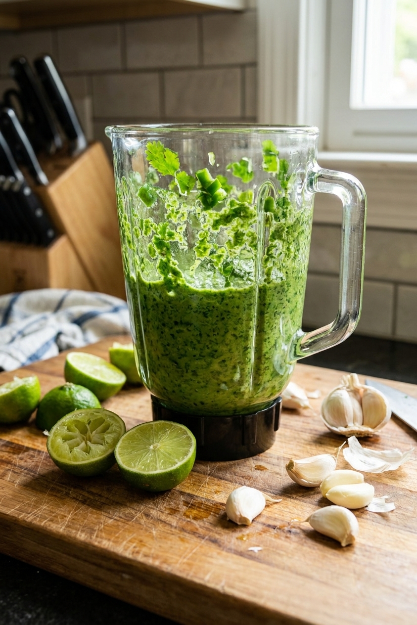 A blender jar filled with vivid green herb sauce made with cilantro and jalapeño, with lime halves and garlic cloves on a wooden cutting board, real kitchen photo