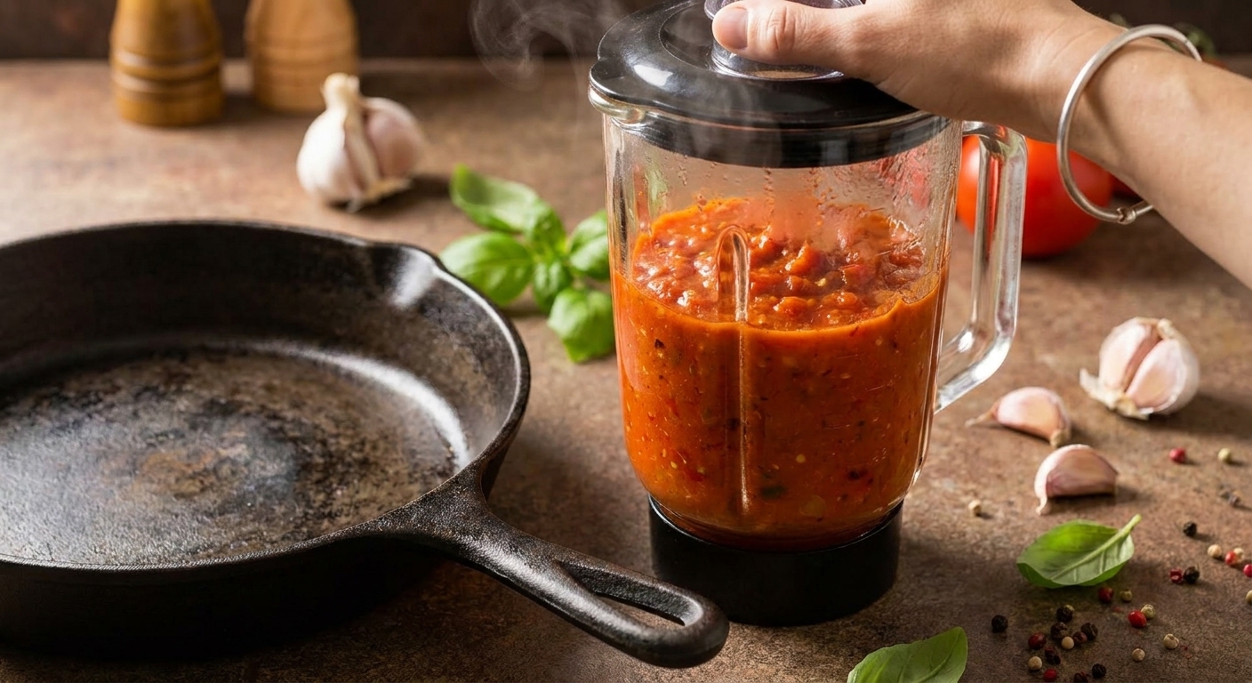 A blender jar filled with warm red pepper and tomato sauce on a kitchen counter next to a skillet