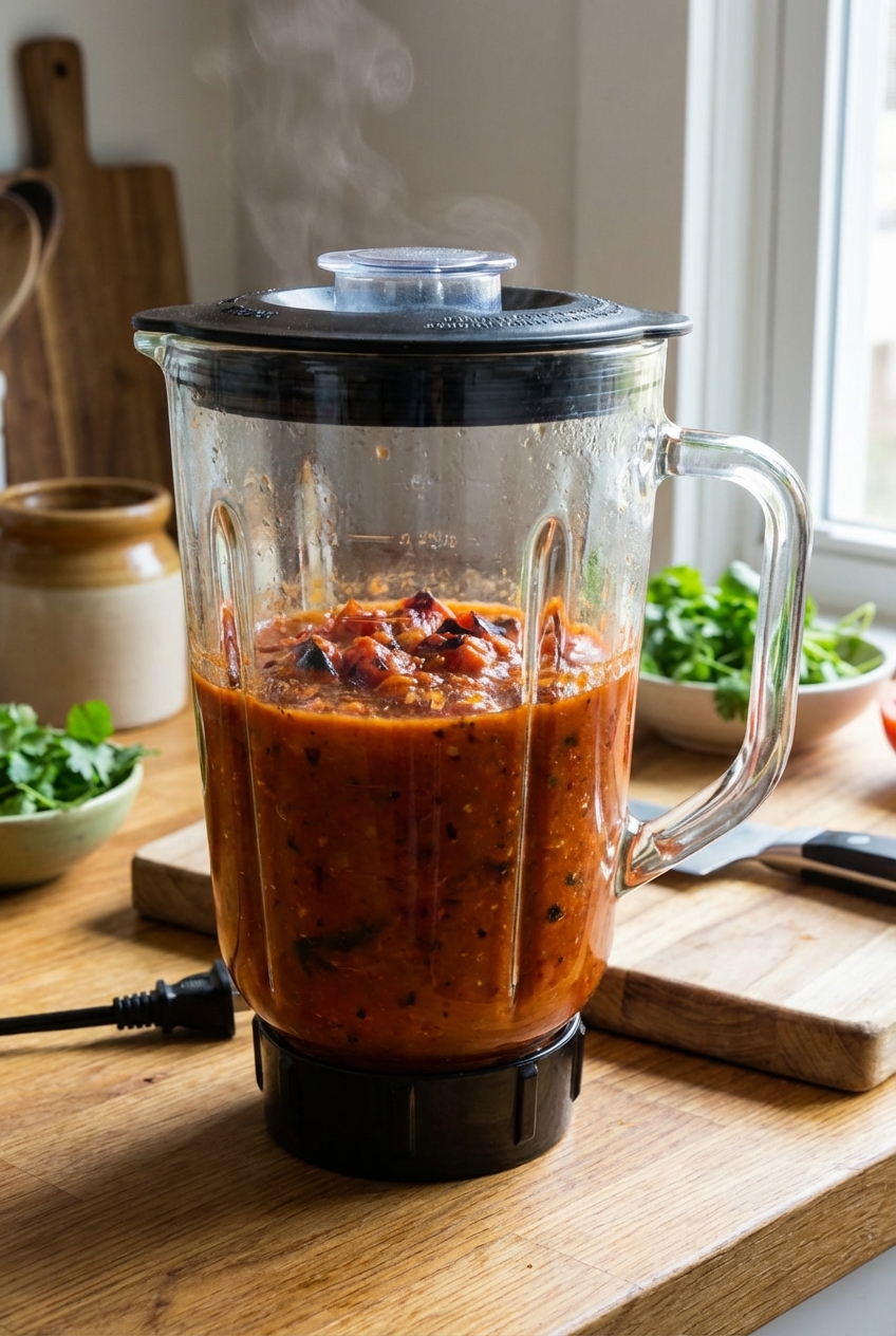 A blender jar filled with warm roasted tomato and chile sauce ready to be blended smooth on a kitchen counter