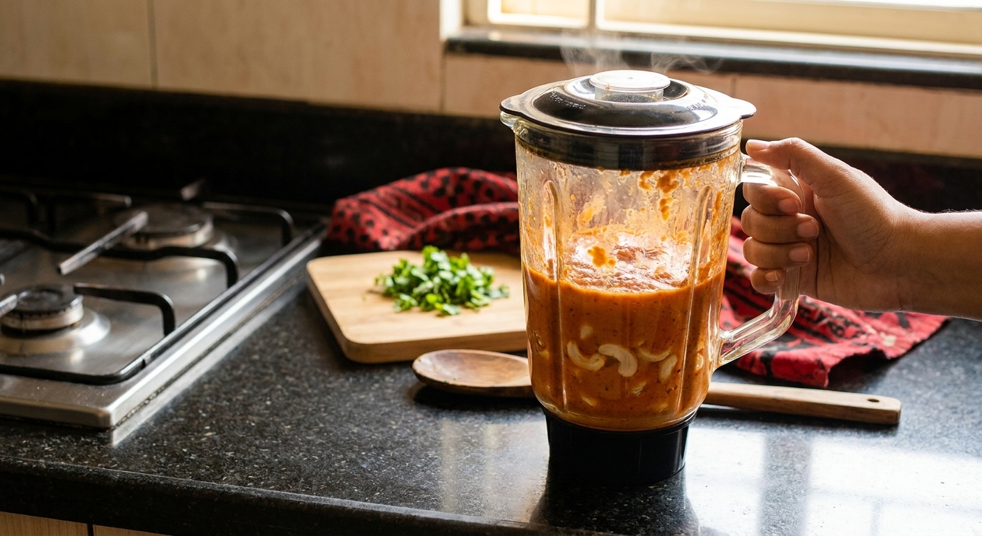 A blender jar filled with warm tomato masala and softened cashews on a kitchen counter, ready to be blended smooth