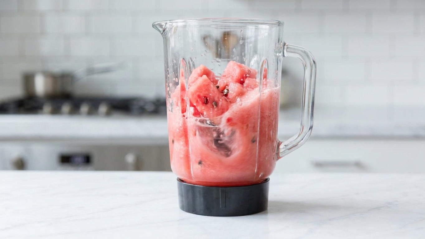 A blender jar filled with watermelon and water being blended into a smooth pink drink on a bright kitchen counter