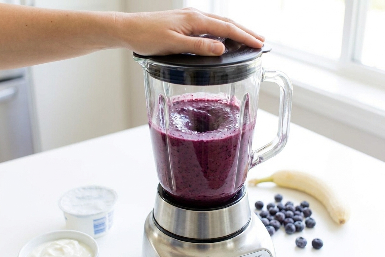 A blender jar on a kitchen counter actively blending a deep purple blueberry smoothie with a hand steadying the lid