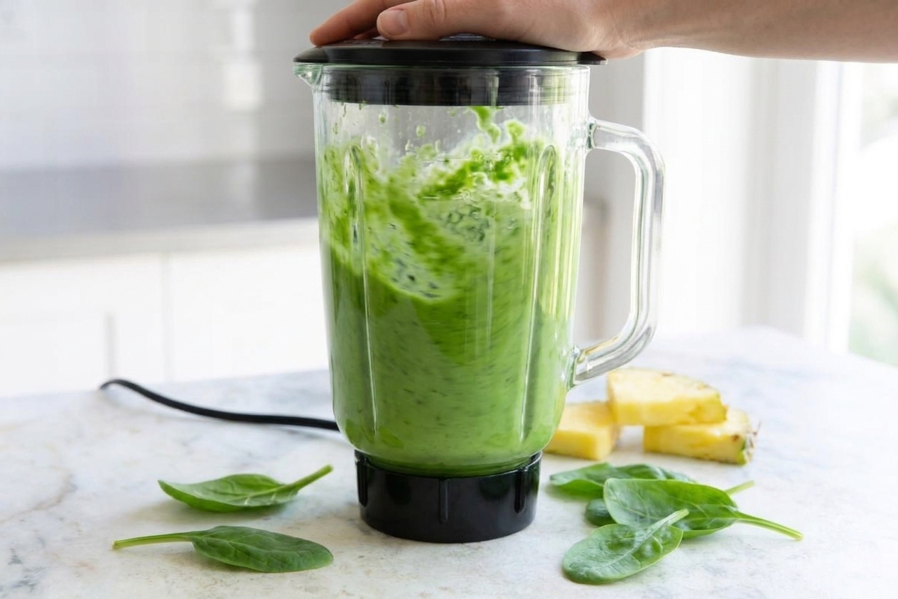 A blender jar on a kitchen counter blending a bright green spinach smoothie