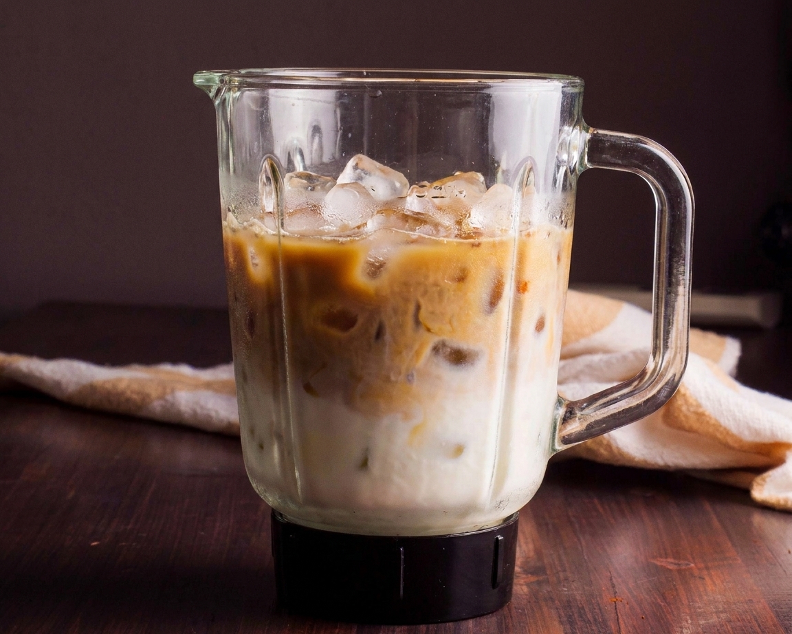 A blender jar on a kitchen counter filled with chilled coffee, milk, and ice cubes ready to be blended