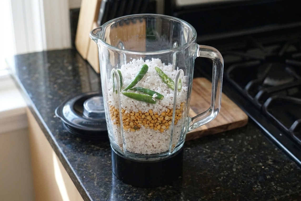 A blender jar on a kitchen counter filled with coconut, green chiles, and roasted chana dal just before blending