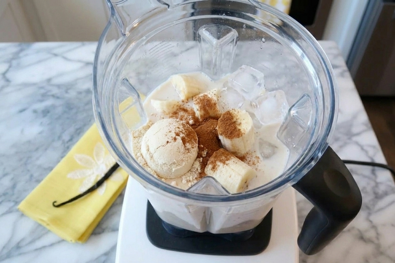 A blender jar on a kitchen counter filled with milk, banana, vanilla protein powder, cinnamon, and ice before blending