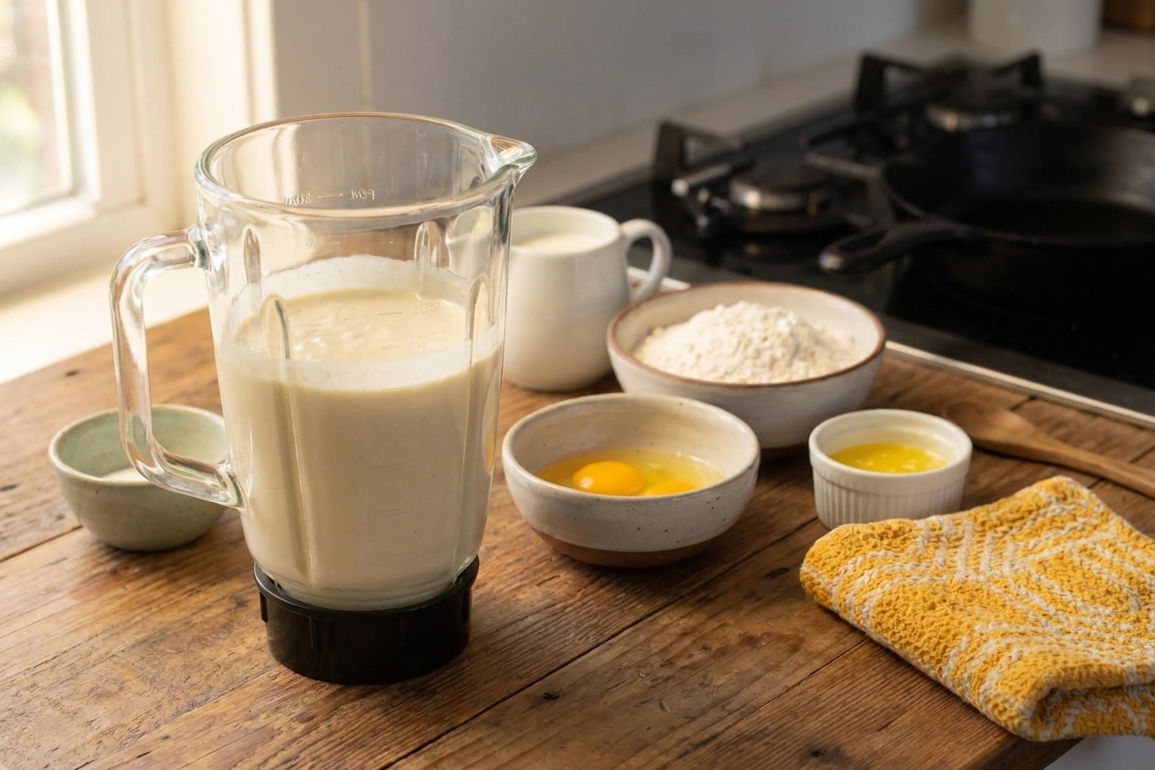 A blender jar on a kitchen counter filled with pale pancake batter, with eggs, flour, milk, and melted butter nearby in small bowls