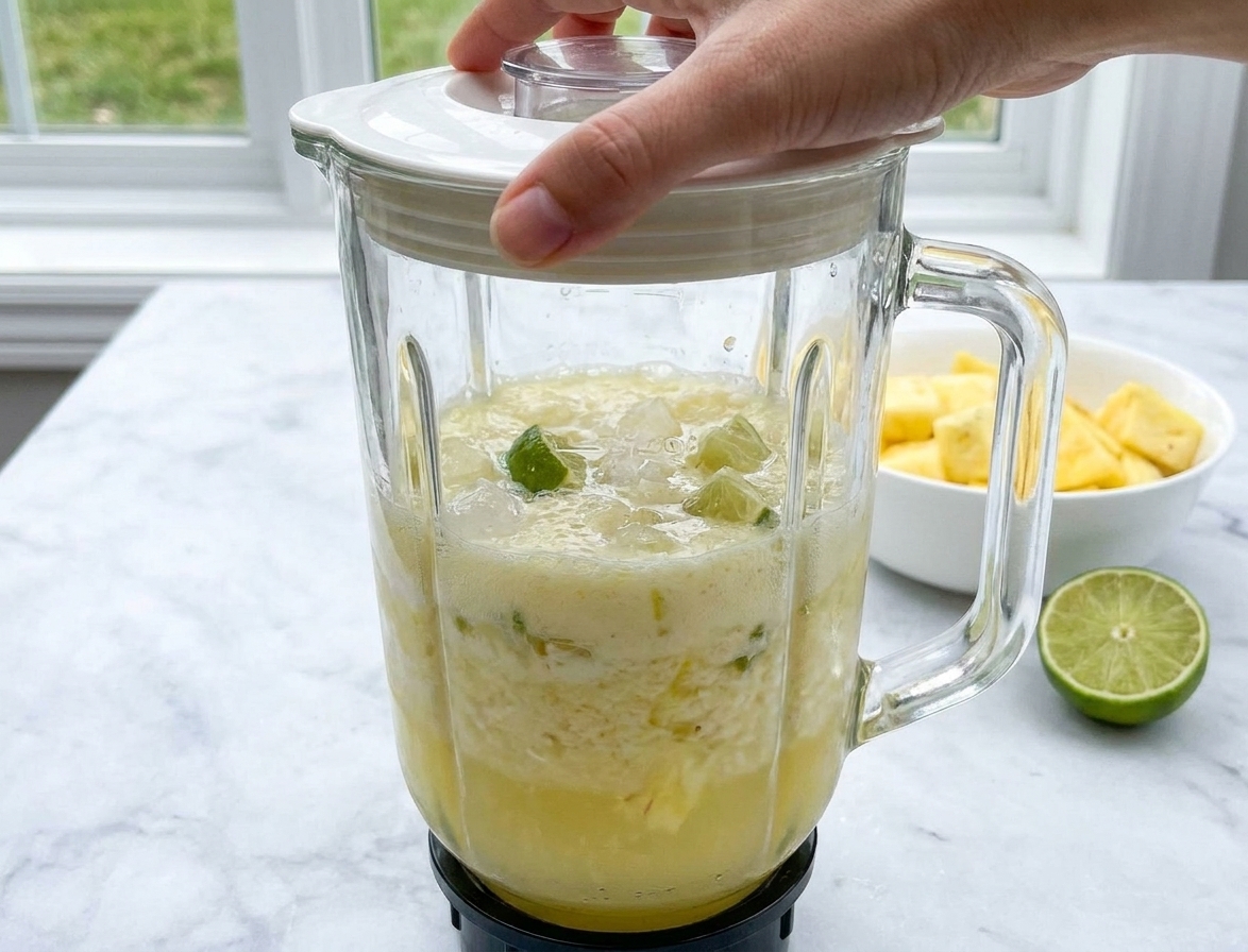 A blender jar on a kitchen counter filled with pineapple juice, coconut milk, ice, and a squeeze of lime