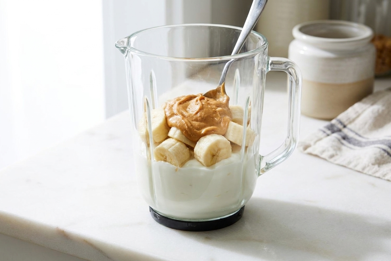 A blender jar on a kitchen counter filled with plain yogurt, banana chunks, and a spoonful of peanut butter before blending