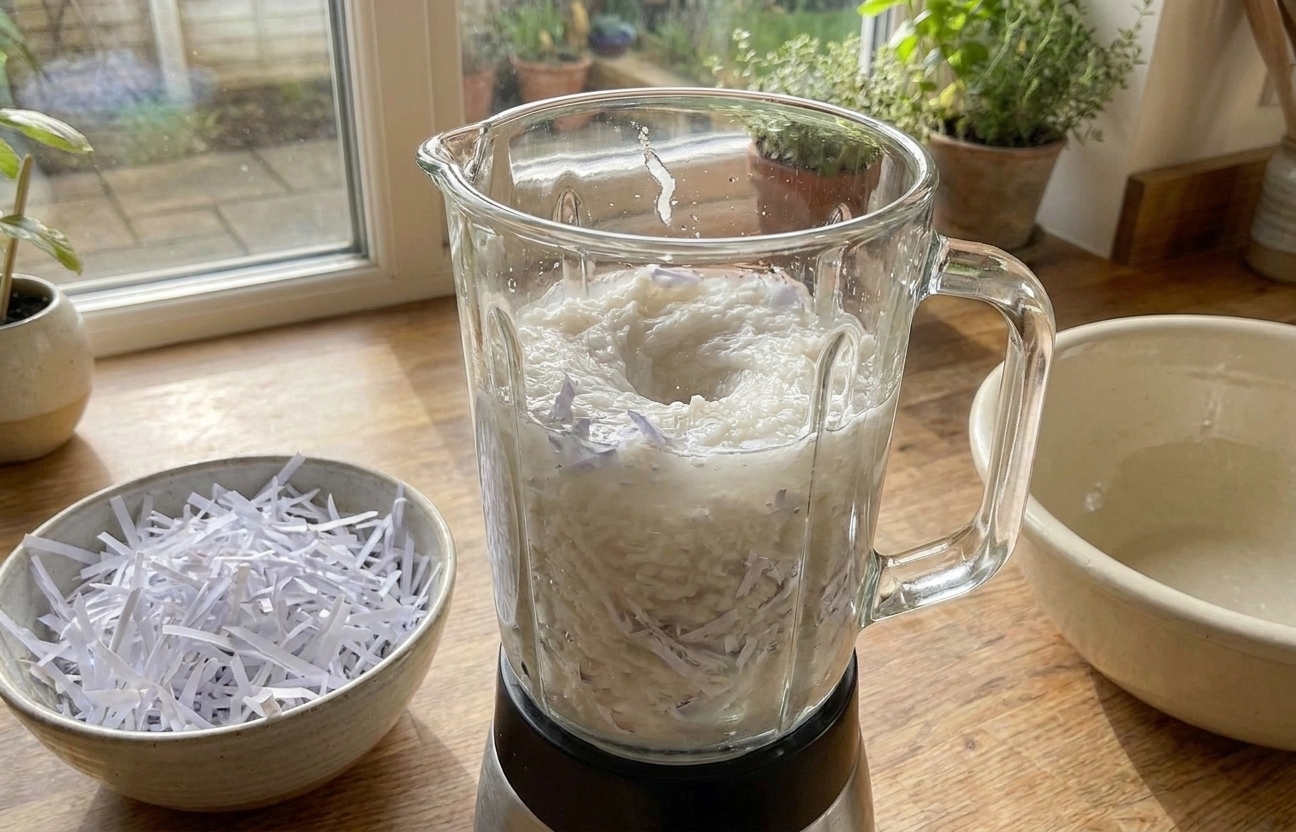 A blender jar on a kitchen counter filled with water and shredded paper blending into pale pulp