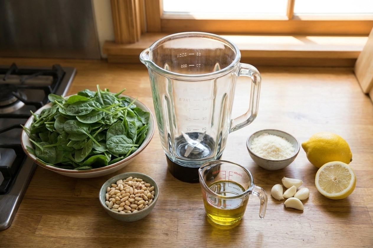 A blender jar on a kitchen counter surrounded by spinach, toasted nuts, grated Parmesan, garlic, lemon, and olive oil ready to be added