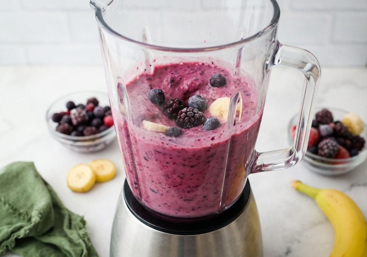 A blender jar on a kitchen counter with banana slices and frozen berries being blended into a thick purple smoothie