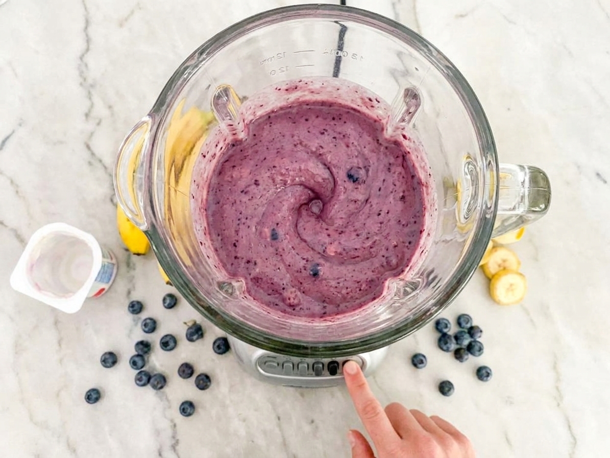 A blender jar on a kitchen counter with bananas, blueberries, and yogurt being blended into a smooth purple mixture