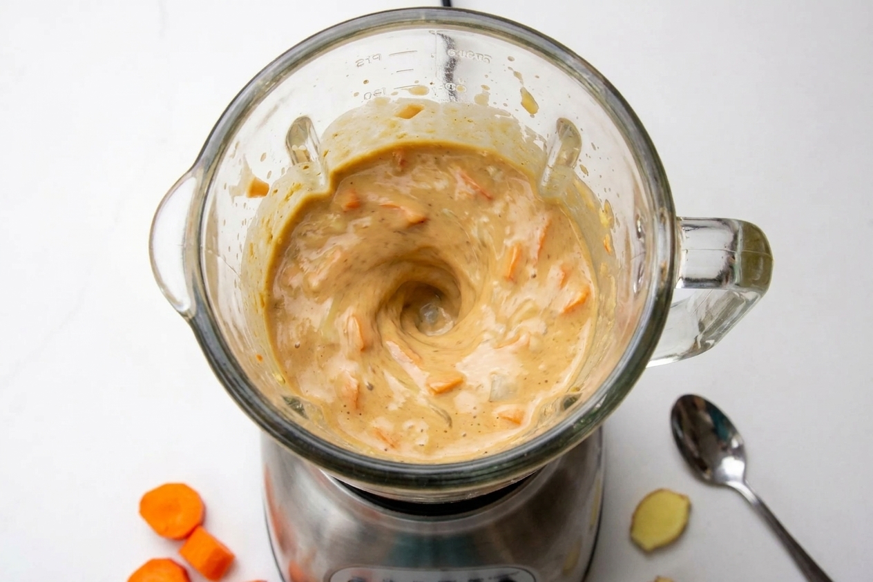 A blender jar on a kitchen counter with ginger dressing actively blending into a creamy tan mixture