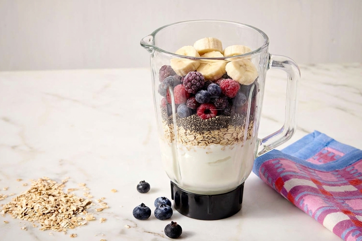 A blender jar on a kitchen counter with milk, Greek yogurt, oats, chia seeds, frozen berries, and banana pieces layered inside