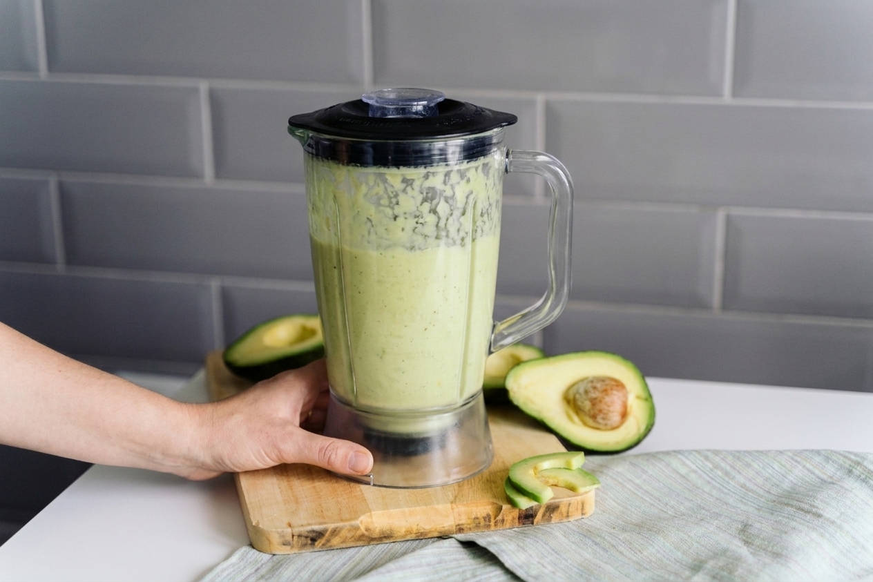 A blender jar on a kitchen counter with pale green smoothie blending inside, lid on, with a hand steadying the blender