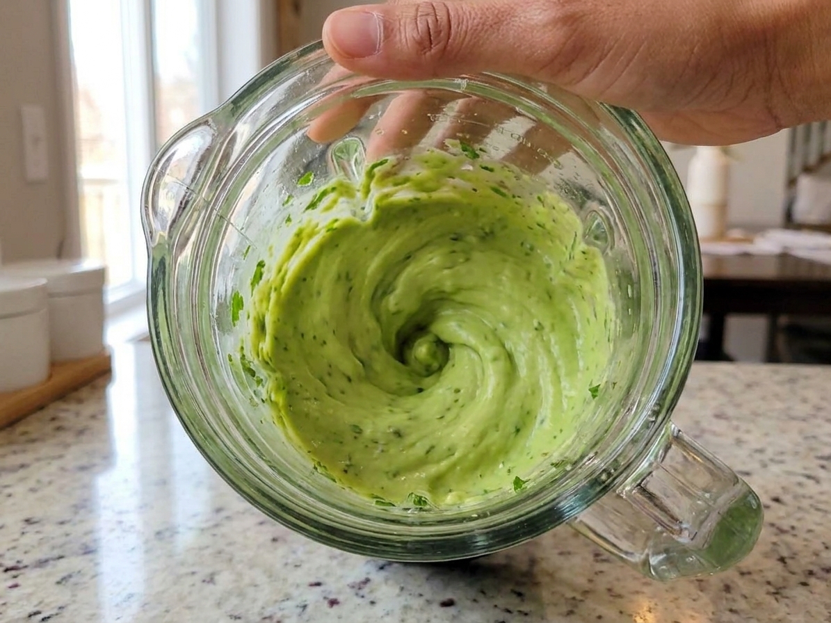 A blender jar with avocado crema turning smooth and creamy as it blends on a kitchen counter
