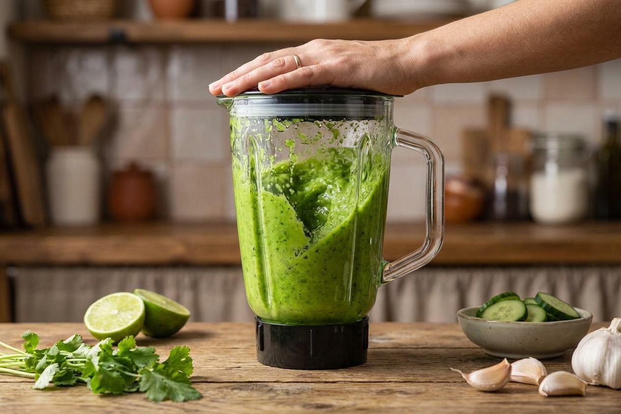 A blender jar with bright green aguachile sauce mid-blend on a kitchen counter
