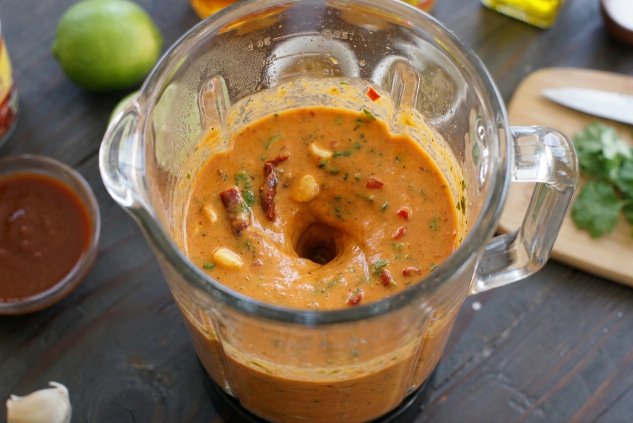 A blender jar with chipotle vinaigrette ingredients being blended into a smooth, orange-red creamy dressing in a home kitchen