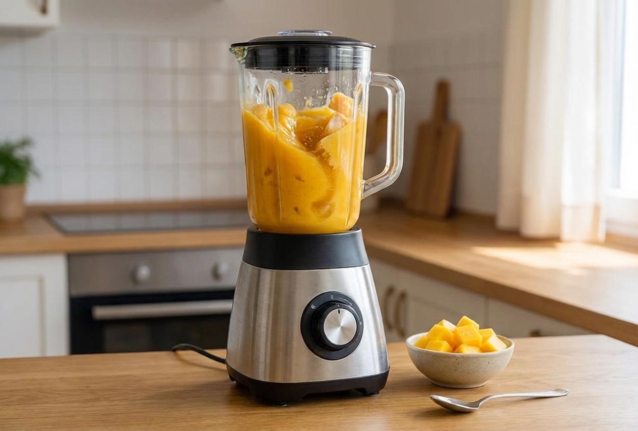 A blender on a kitchen counter mid-blend with a thick mango smoothie swirling inside the pitcher