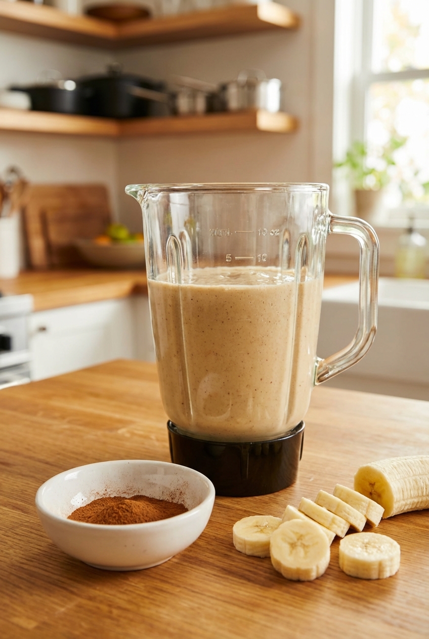 A blender pitcher filled with a beige smoothie mixture, with sliced banana and a small bowl of ground cinnamon on the counter beside it