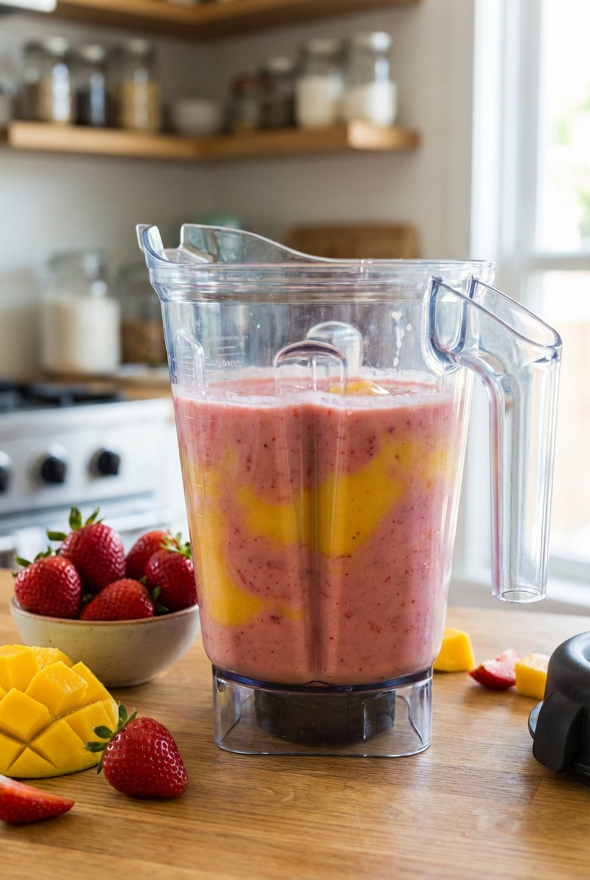 A blender pitcher filled with a creamy strawberry and mango milkshake mixture on a countertop with fresh fruit nearby