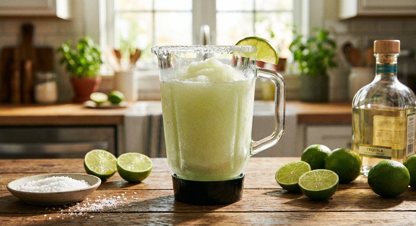 A blender pitcher filled with a pale green frozen margarita mixture with lime halves on the counter