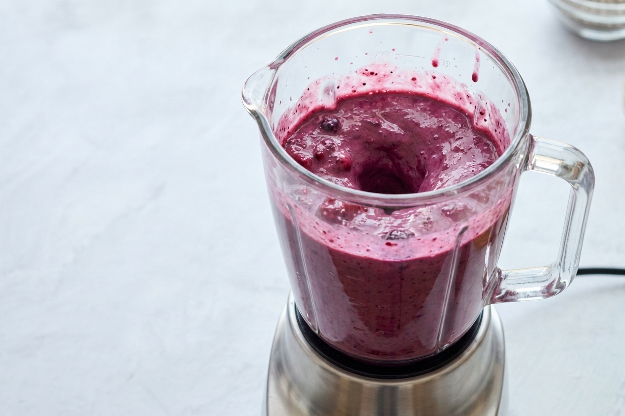 A blender pitcher filled with a thick purple berry shake mid-blend on a clean kitchen counter