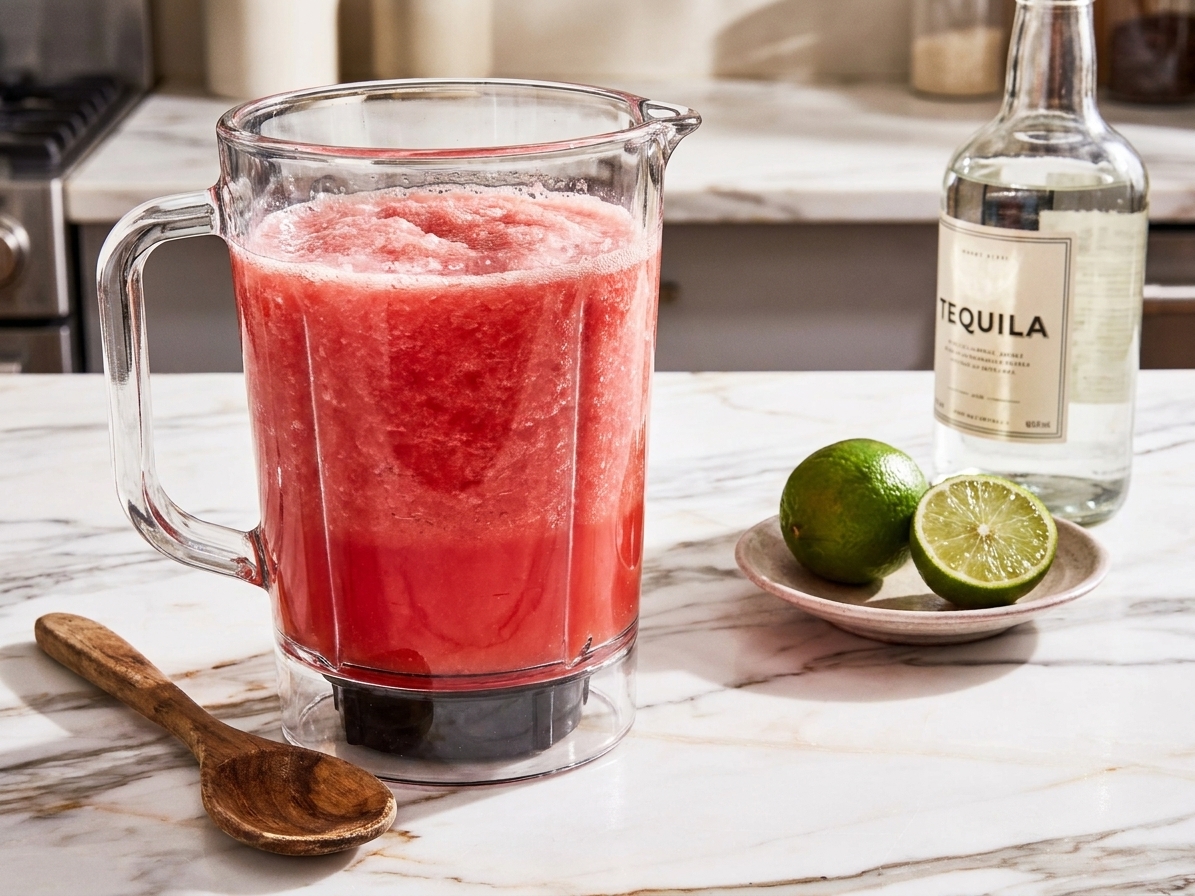 A blender pitcher filled with bright pink watermelon margarita mixture on a kitchen counter with a lime and tequila bottle nearby
