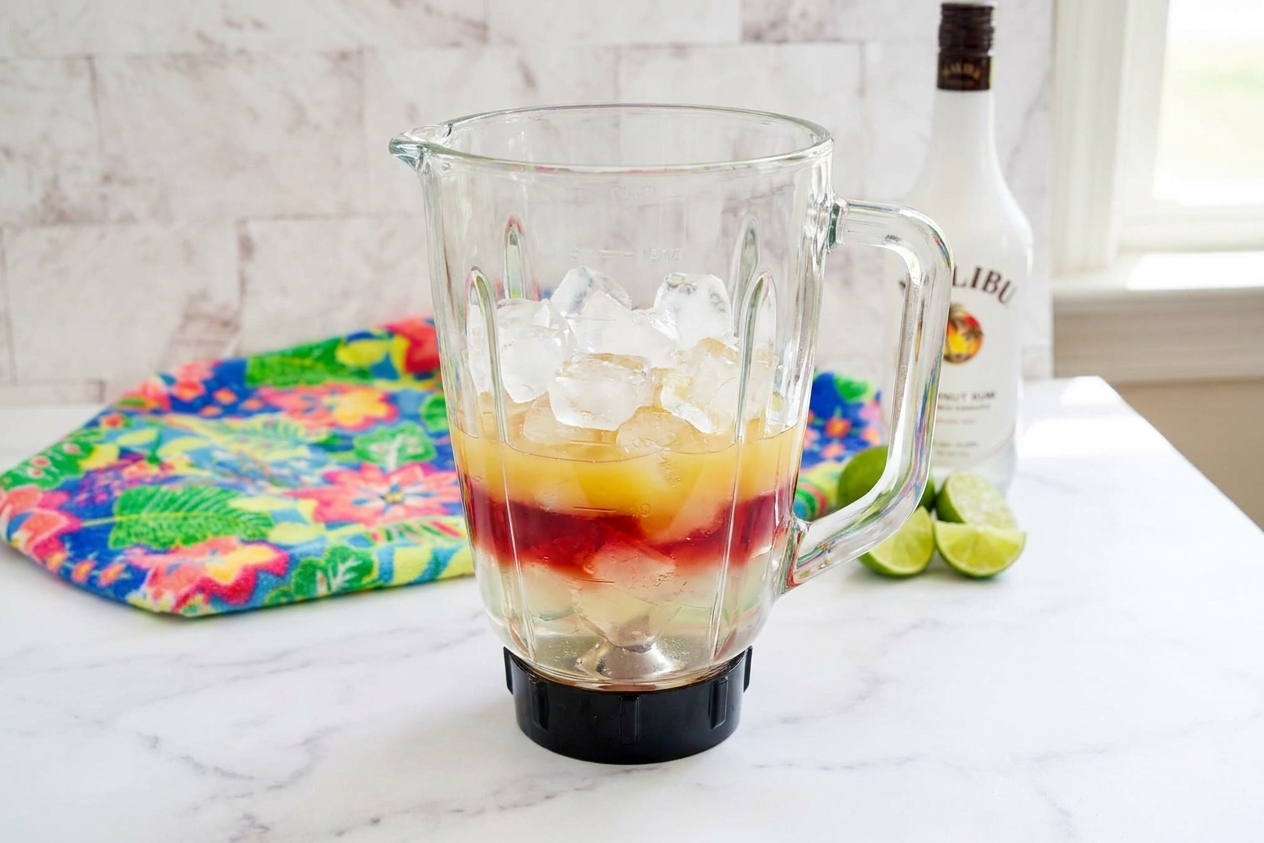 A blender pitcher filled with ice, pineapple juice, cranberry juice, lime juice, and Malibu rum before blending on a bright kitchen counter