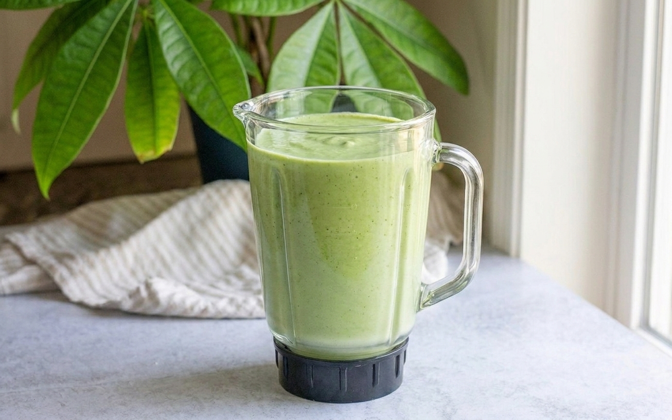 A blender pitcher filled with pale green shamrock shake mixture on a kitchen counter, ready to pour